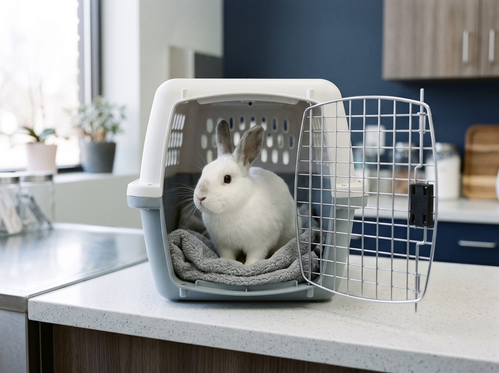 A rabbit resting in a pet travel carrier on a clinic counter